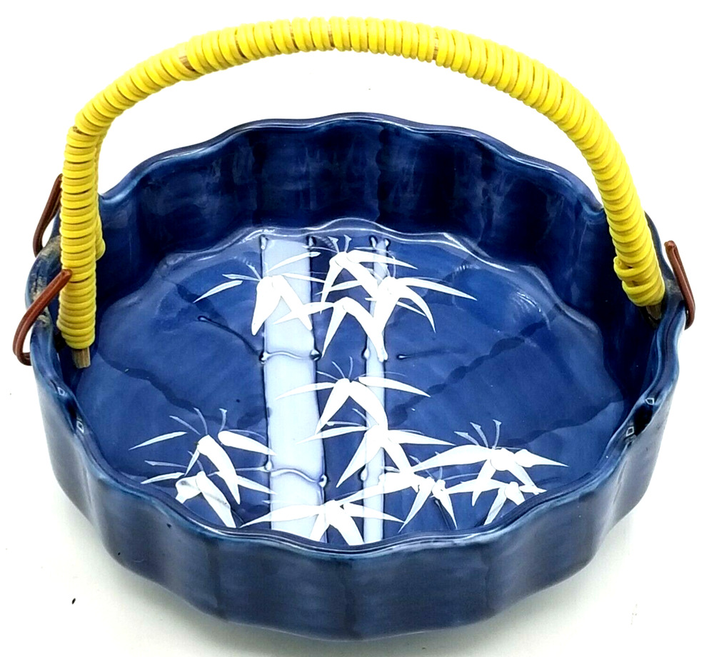 Vtg Art Pottery Shallow Basket Blue w/White Bamboo & Birds Plastic Wire Handle